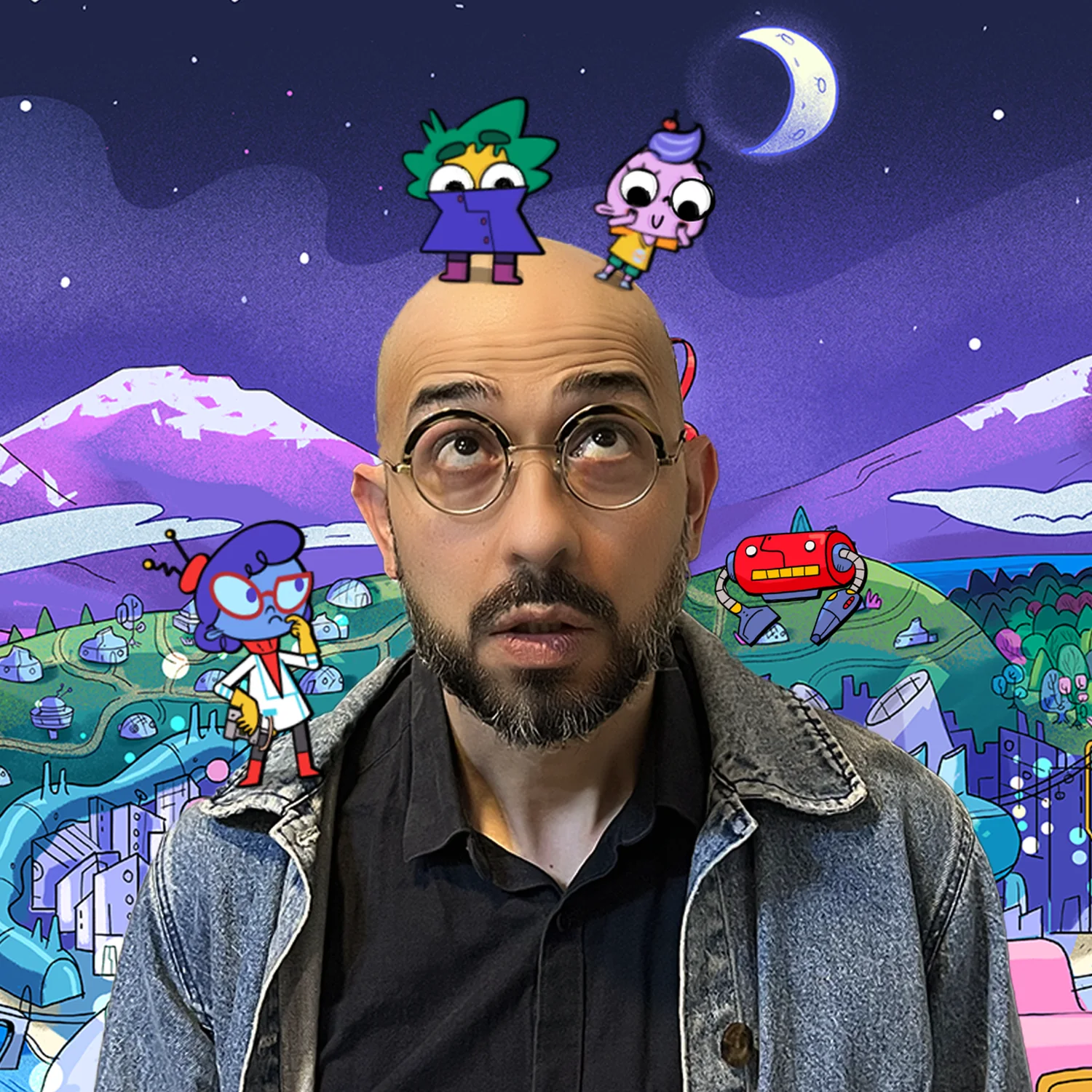 Juan Camarena rodeado de los personajes de su serie Cuestión deMente